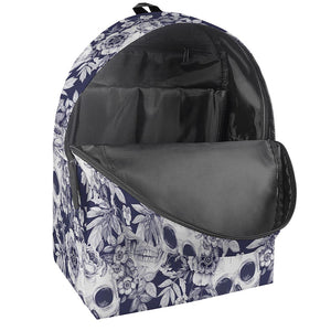 White Blue Skull Floral Pattern Print Backpack