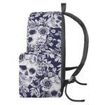 White Blue Skull Floral Pattern Print Backpack