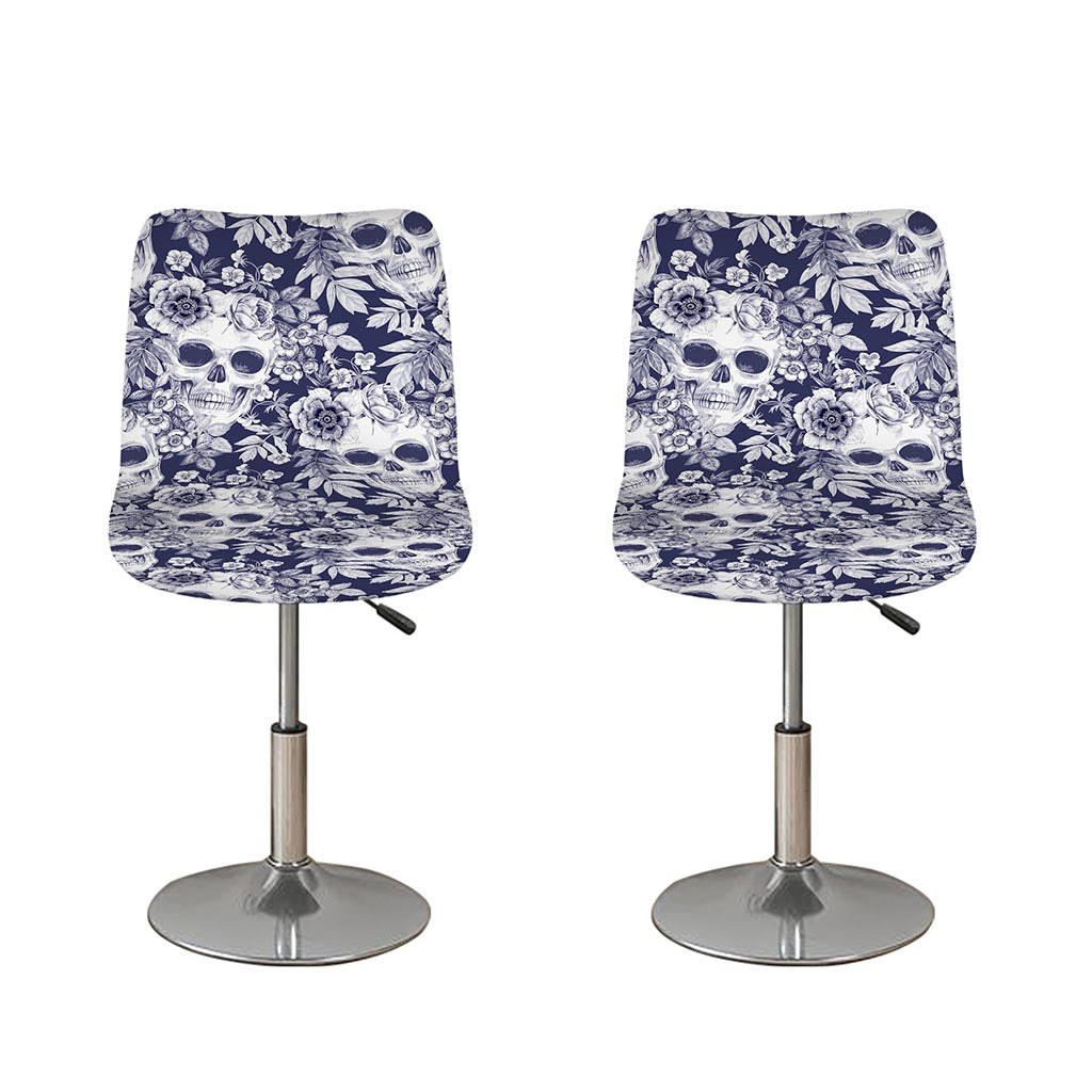 White Blue Skull Floral Pattern Print Bar Stool Covers
