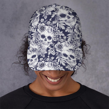 White Blue Skull Floral Pattern Print Baseball Cap