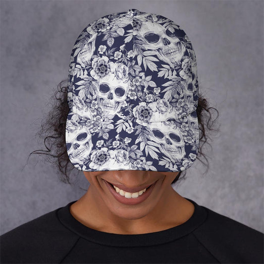 White Blue Skull Floral Pattern Print Baseball Cap