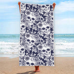 White Blue Skull Floral Pattern Print Beach Towel