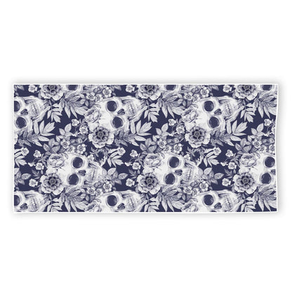 White Blue Skull Floral Pattern Print Beach Towel
