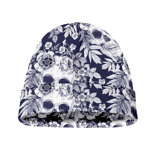 White Blue Skull Floral Pattern Print Beanie