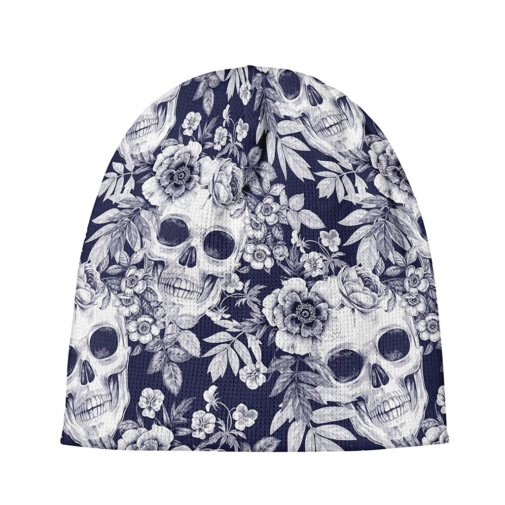 White Blue Skull Floral Pattern Print Beanie
