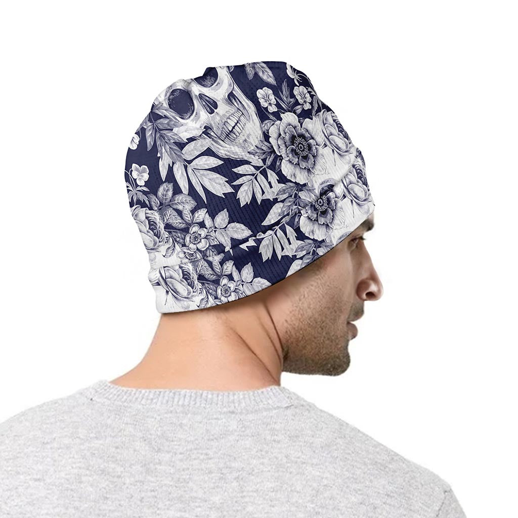 White Blue Skull Floral Pattern Print Beanie