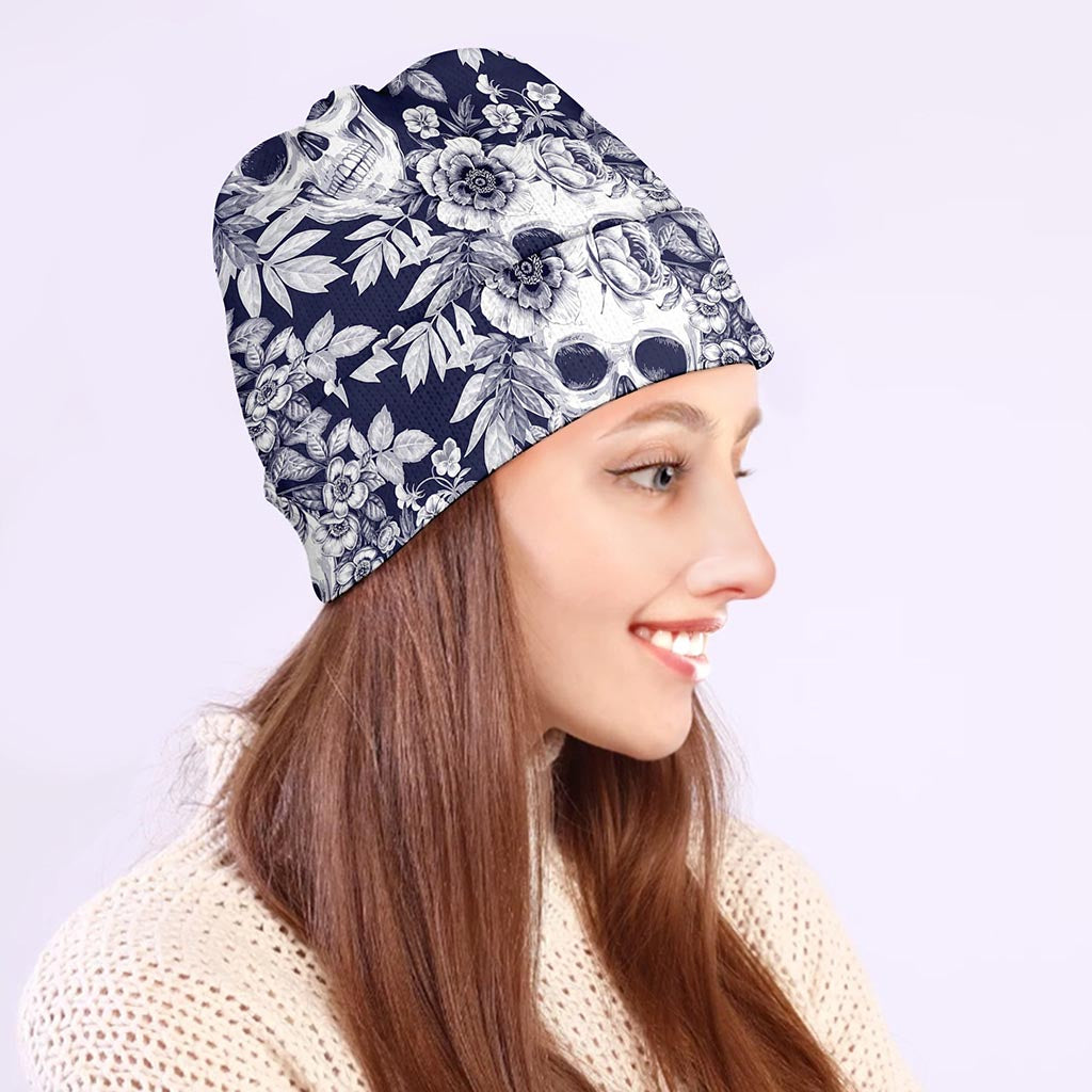 White Blue Skull Floral Pattern Print Beanie