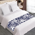White Blue Skull Floral Pattern Print Bed Runner