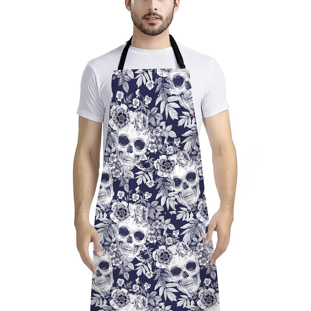 White Blue Skull Floral Pattern Print Bib Apron With Pocket