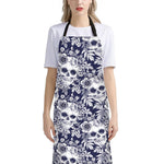 White Blue Skull Floral Pattern Print Bib Apron With Pocket