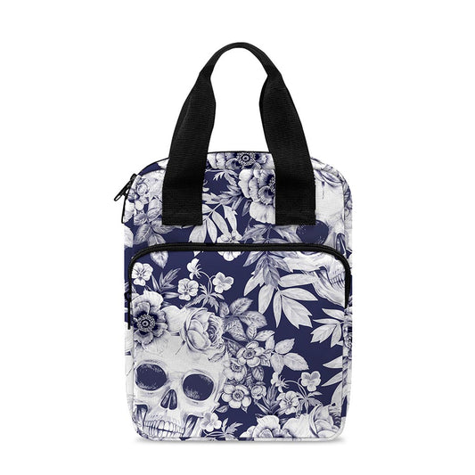 White Blue Skull Floral Pattern Print Bible Tote Bag