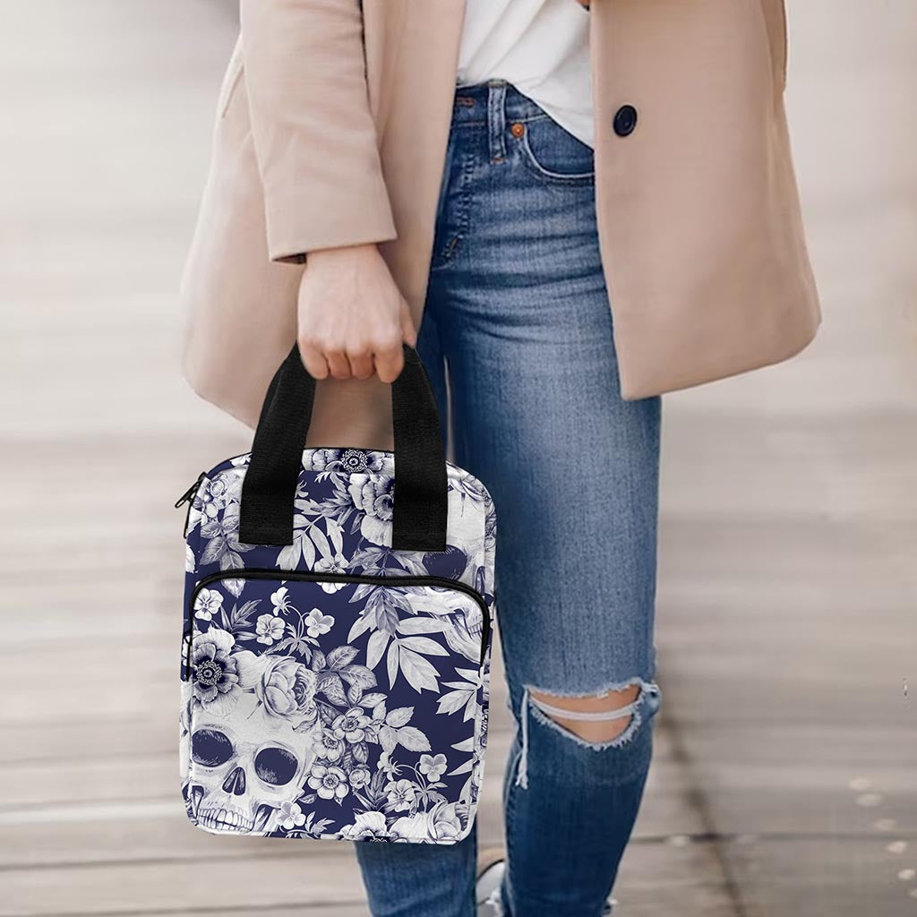 White Blue Skull Floral Pattern Print Bible Tote Bag
