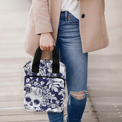 White Blue Skull Floral Pattern Print Bible Tote Bag