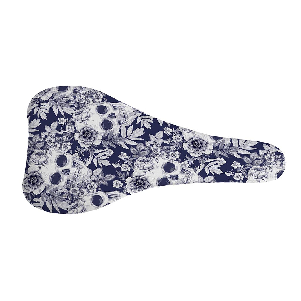 White Blue Skull Floral Pattern Print Bicycle Seat Cover