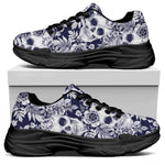 White Blue Skull Floral Pattern Print Black Chunky Shoes