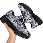 White Blue Skull Floral Pattern Print Black Chunky Shoes