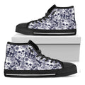 White Blue Skull Floral Pattern Print Black High Top Sneakers