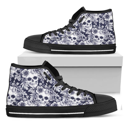 White Blue Skull Floral Pattern Print Black High Top Sneakers