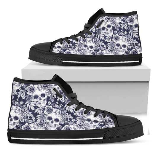 White Blue Skull Floral Pattern Print Black High Top Sneakers