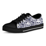 White Blue Skull Floral Pattern Print Black Low Top Sneakers