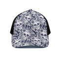 White Blue Skull Floral Pattern Print Black Mesh Trucker Hat