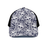 White Blue Skull Floral Pattern Print Black Mesh Trucker Cap