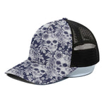 White Blue Skull Floral Pattern Print Black Mesh Trucker Cap