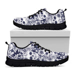White Blue Skull Floral Pattern Print Black Running Shoes