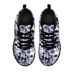 White Blue Skull Floral Pattern Print Black Running Shoes