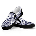 White Blue Skull Floral Pattern Print Black Slip On Sneakers