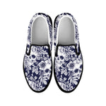 White Blue Skull Floral Pattern Print Black Slip On Sneakers