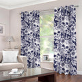 White Blue Skull Floral Pattern Print Dimout Grommet Curtains
