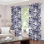 White Blue Skull Floral Pattern Print Blackout Grommet Curtains
