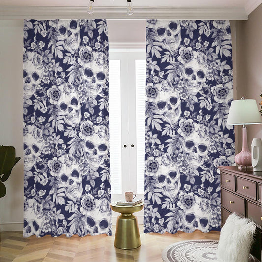 White Blue Skull Floral Pattern Print Blackout Pencil Pleat Curtains