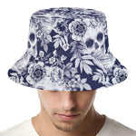 White Blue Skull Floral Pattern Print Bucket Hat