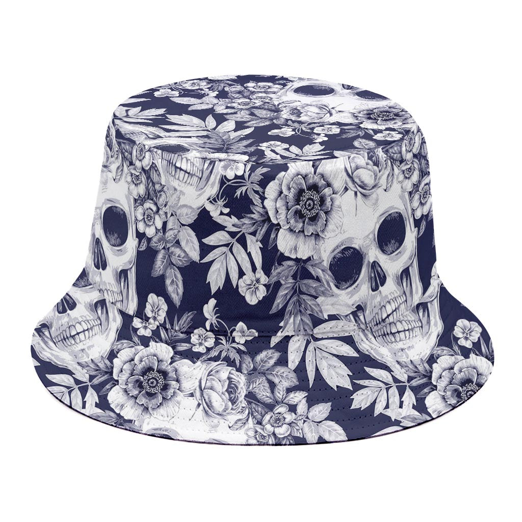 White Blue Skull Floral Pattern Print Bucket Hat