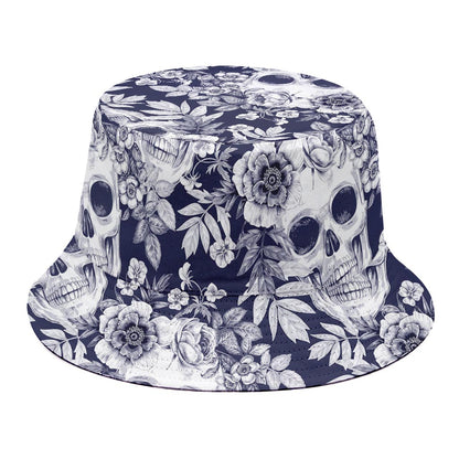 White Blue Skull Floral Pattern Print Bucket Hat