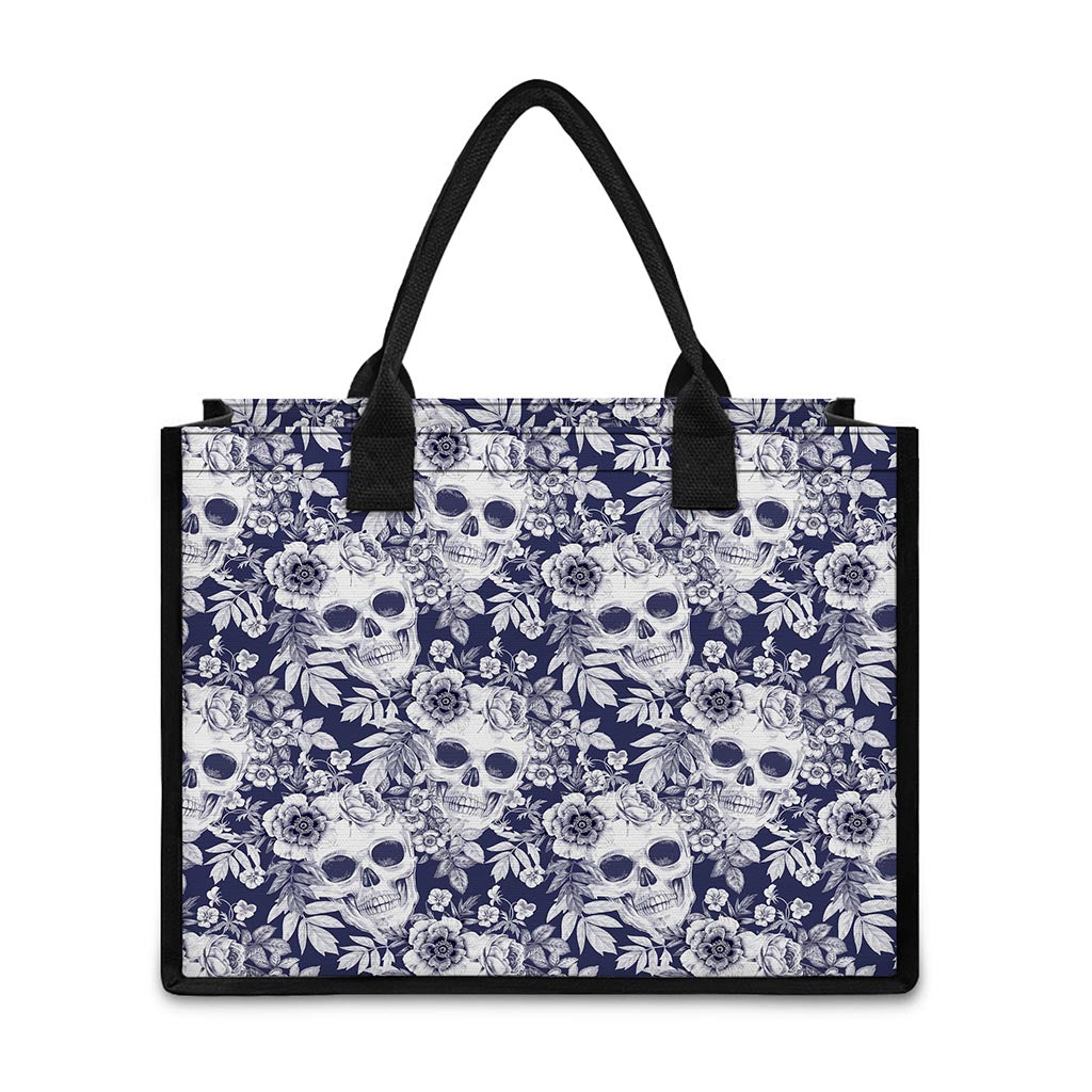 White Blue Skull Floral Pattern Print Canvas Tote Bag