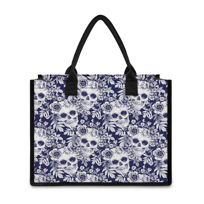 White Blue Skull Floral Pattern Print Canvas Tote Bag