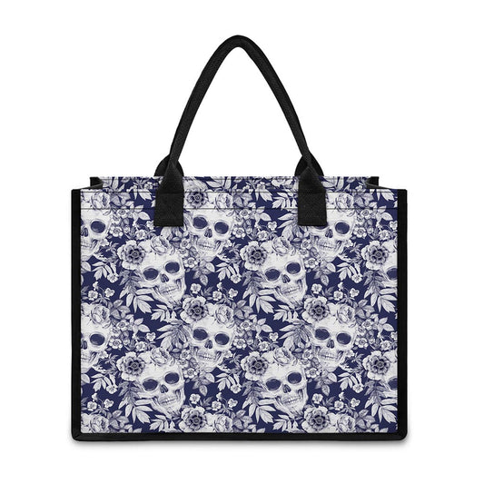 White Blue Skull Floral Pattern Print Canvas Tote Bag