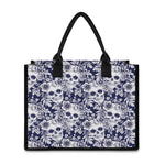 White Blue Skull Floral Pattern Print Canvas Tote Bag