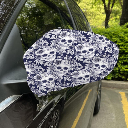 White Blue Skull Floral Pattern Print Car Side Mirror Covers