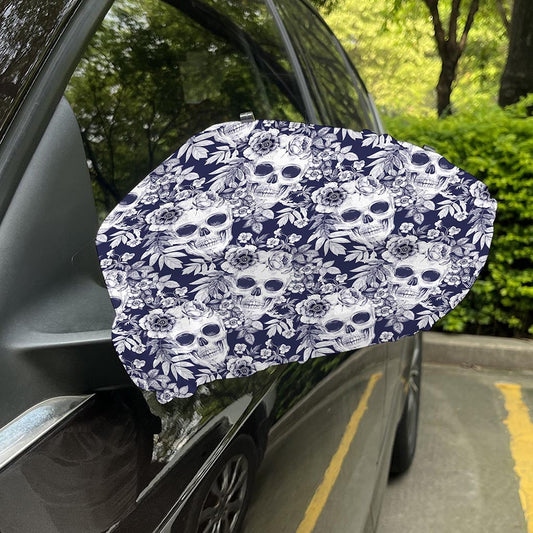 White Blue Skull Floral Pattern Print Car Side Mirror Covers