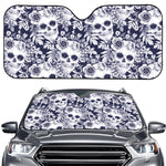 White Blue Skull Floral Pattern Print Car Windshield Sun Shade