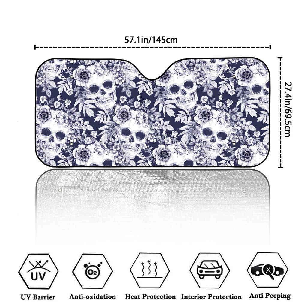 White Blue Skull Floral Pattern Print Car Windshield Sun Shade