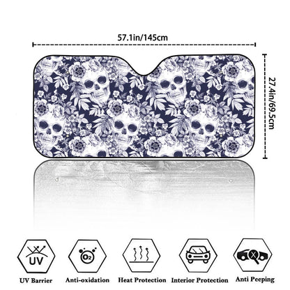 White Blue Skull Floral Pattern Print Car Windshield Sun Shade