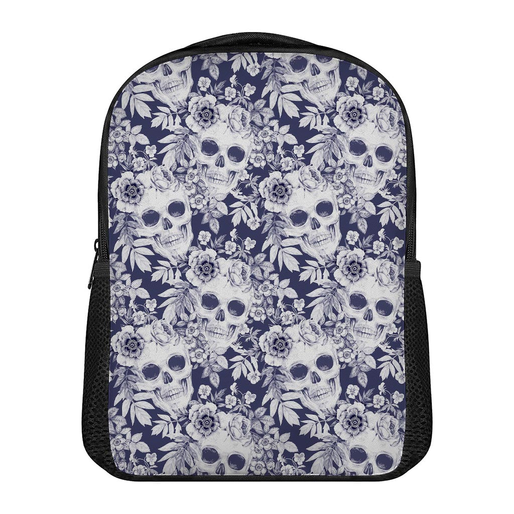 White Blue Skull Floral Pattern Print Casual Backpack