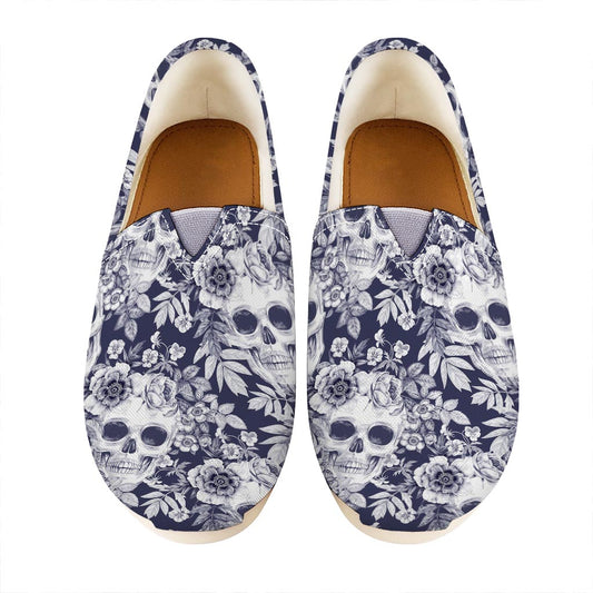 White Blue Skull Floral Pattern Print Casual Shoes