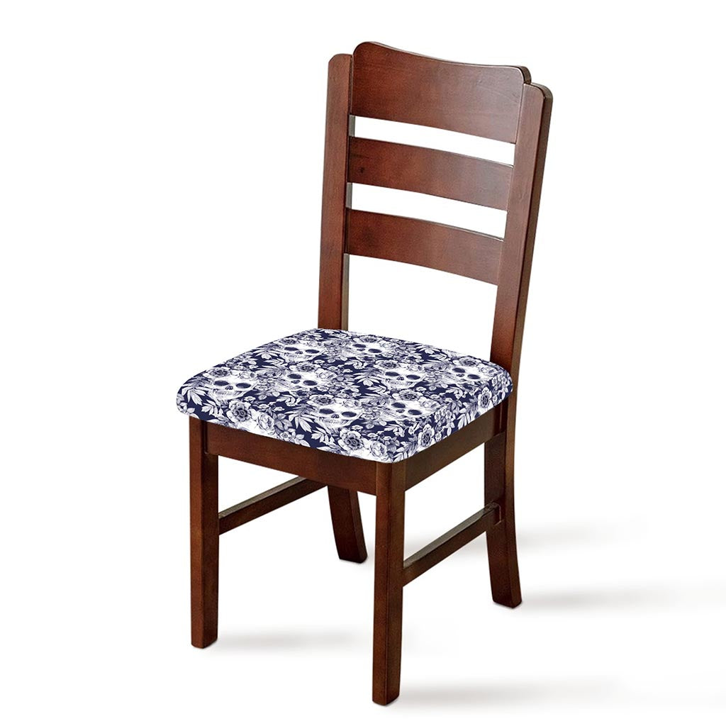 White Blue Skull Floral Pattern Print Chair Cushion Cover