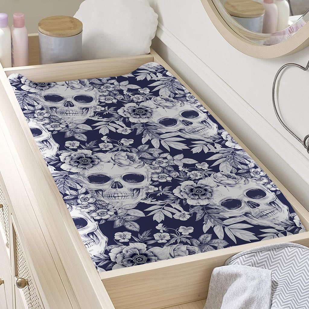 White Blue Skull Floral Pattern Print Changing Pad Cover